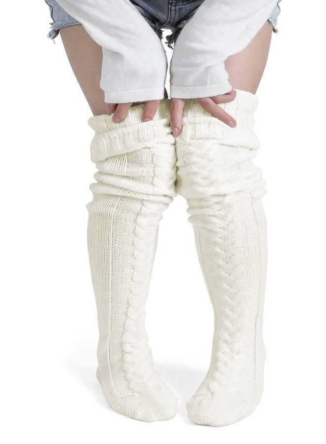 Pcavin Women's Thigh High Socks Over the Knee Cable Knit Boot Socks, Long Warm Fashion Leg Warmers Winter(White) - Image 1